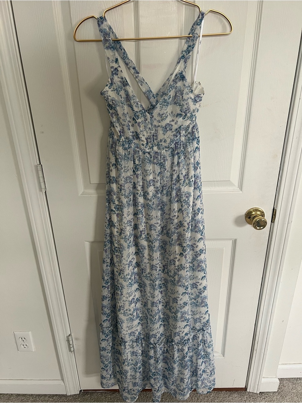 Lulu's White and Blue Floral V-Neck Maxi Dress